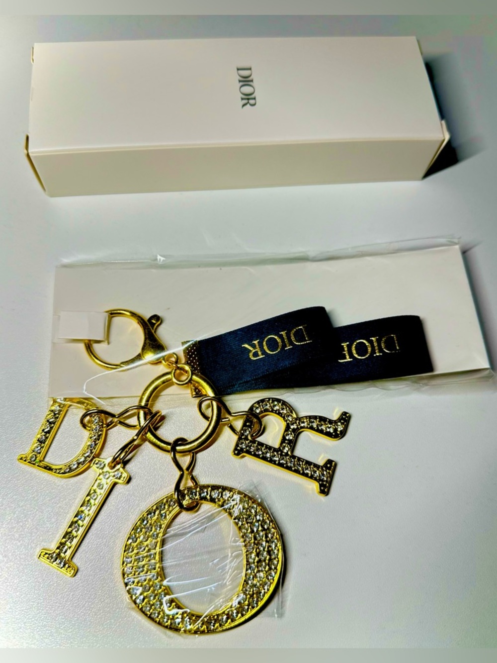 DIOR Gold Rhinestone-Studded Bag  Charm Key Holder with Navy Ribbon GWP NWB